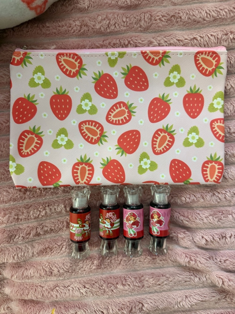 Strawberry Print Cosmetic Pouch with Pink Lip Gloss Set